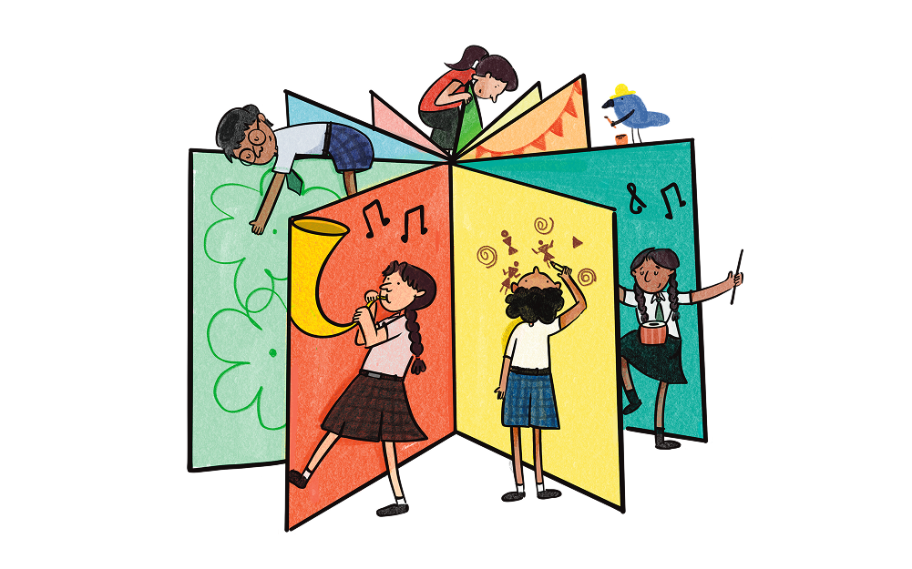 Children engaging in various arts and activities in a book