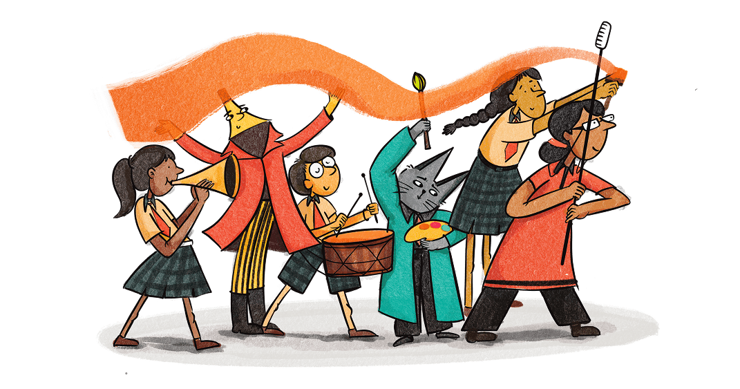 We are Slam Out Loud illustration with characters playing instruments